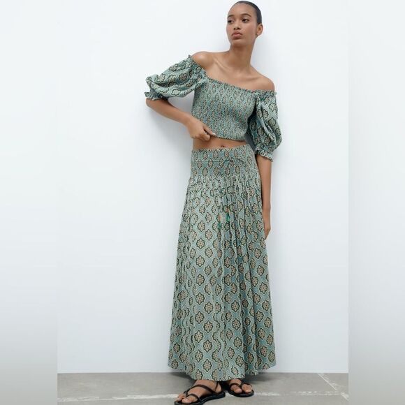 ZARA BOHO SMOCKED LONG PRINTED SKIRT - Picture 7 of 15